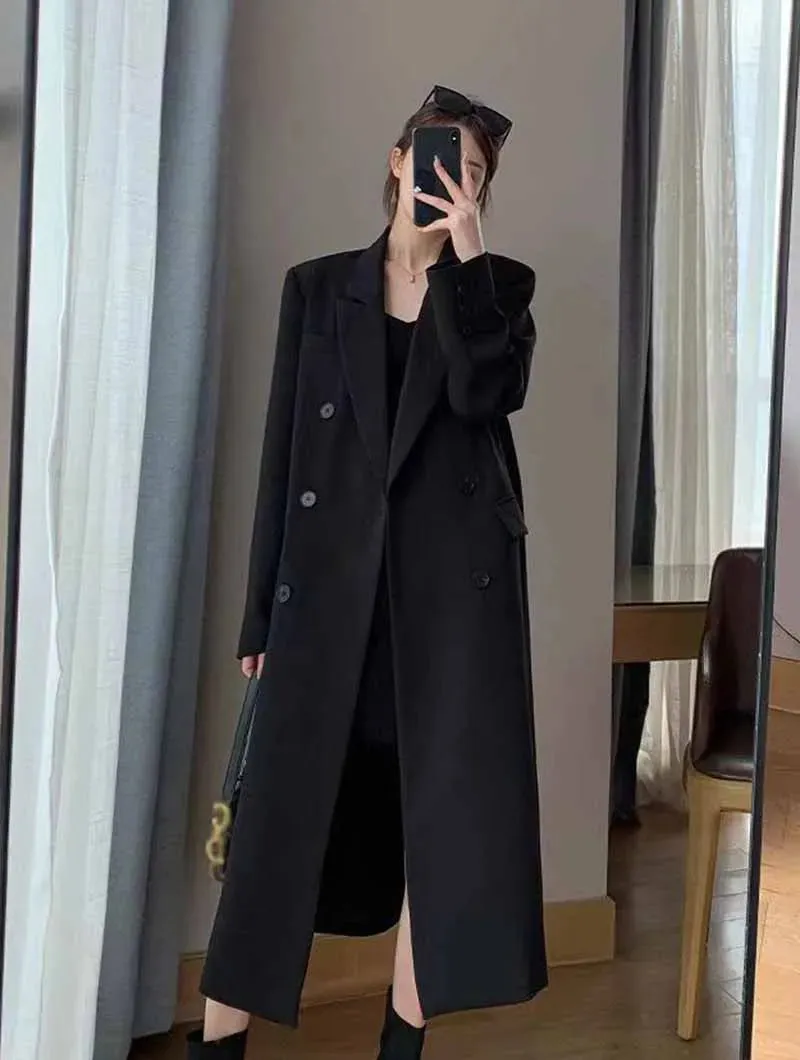 Lucyever Korean Style Chic Office Lady Long Blazers Elegant Double Breasted Blazer Jacket Women Fashion Streetwear Trench Coat