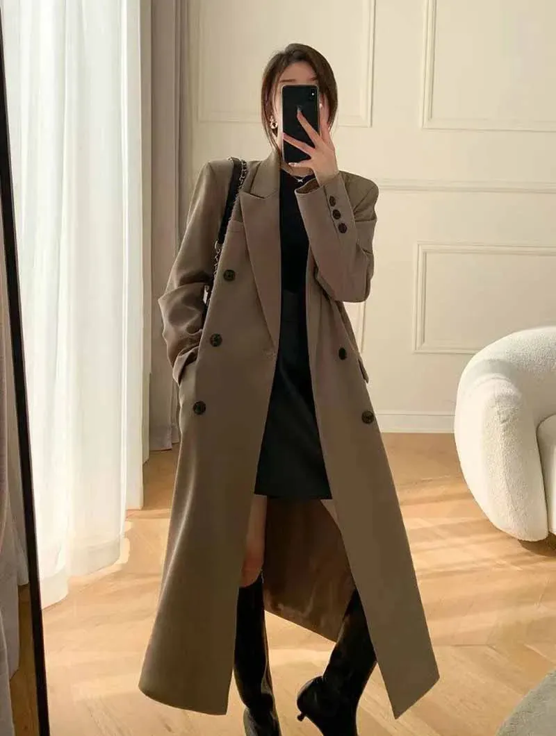 Lucyever Korean Style Chic Office Lady Long Blazers Elegant Double Breasted Blazer Jacket Women Fashion Streetwear Trench Coat