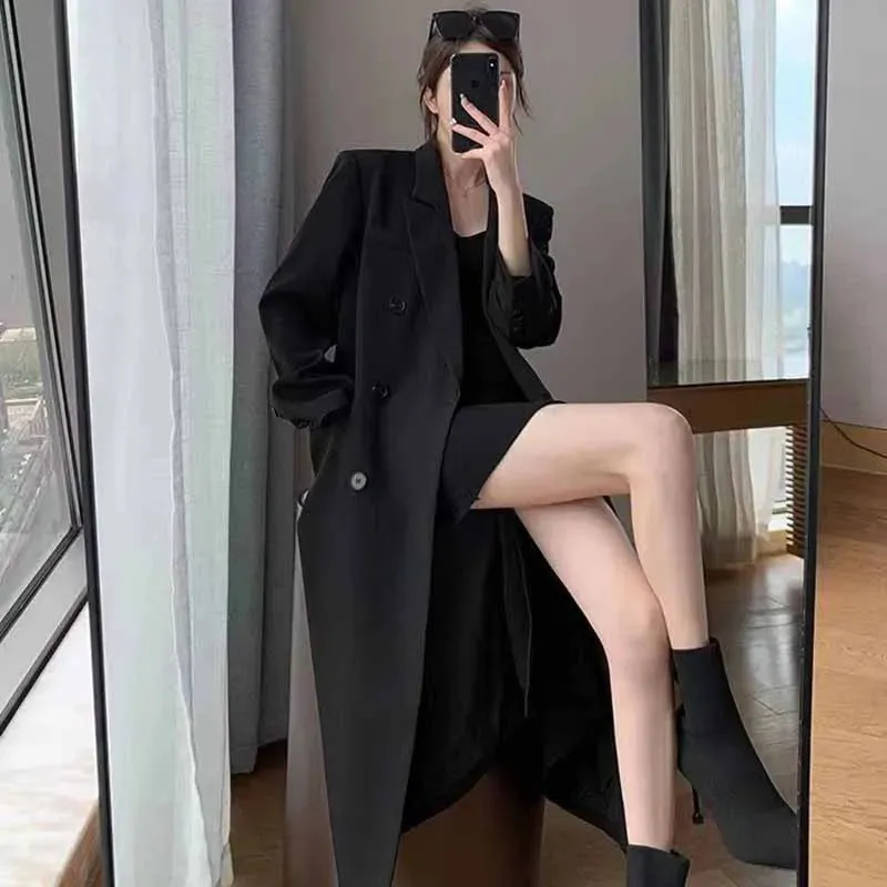 Lucyever Korean Style Chic Office Lady Long Blazers Elegant Double Breasted Blazer Jacket Women Fashion Streetwear Trench Coat