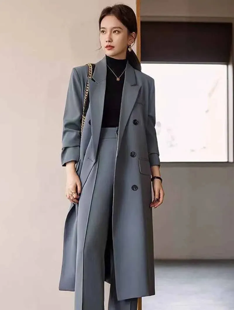 Lucyever Korean Style Chic Office Lady Long Blazers Elegant Double Breasted Blazer Jacket Women Fashion Streetwear Trench Coat