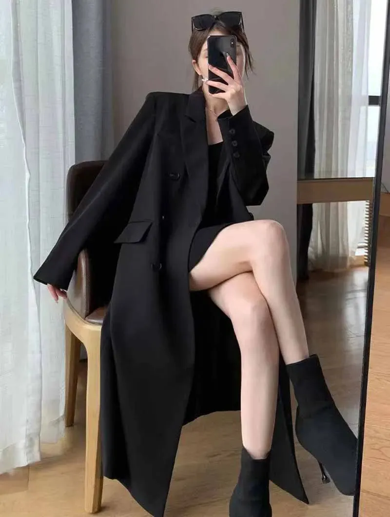Lucyever Korean Style Chic Office Lady Long Blazers Elegant Double Breasted Blazer Jacket Women Fashion Streetwear Trench Coat