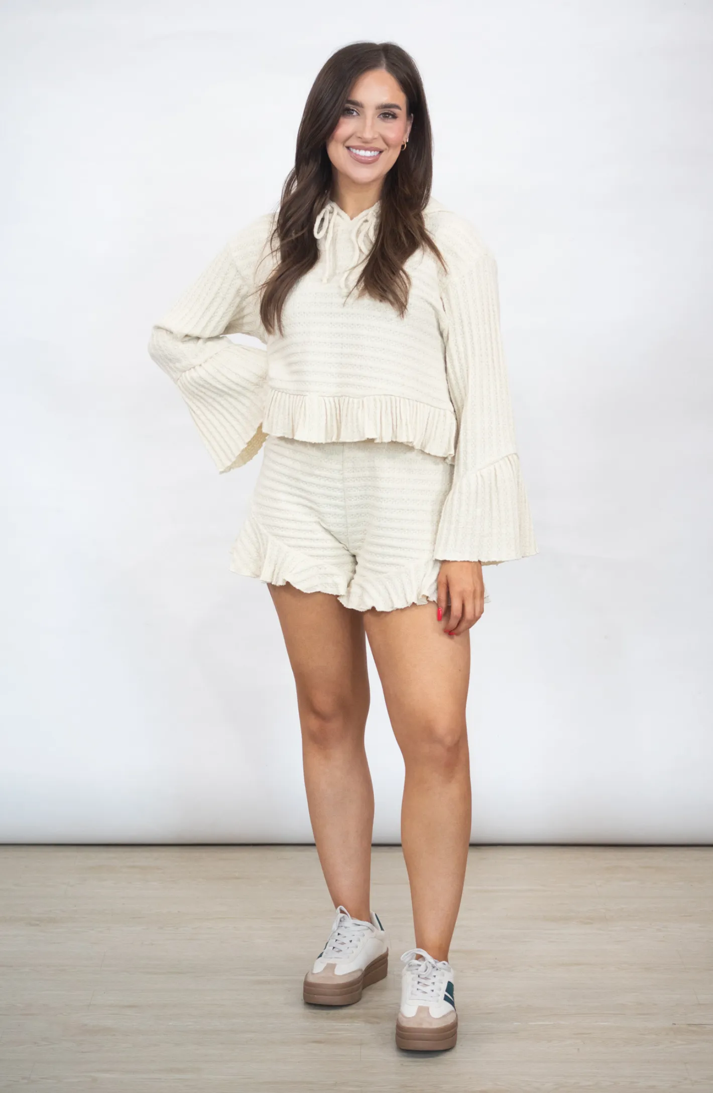 Make It Look Easy Beige Hoodie And Ruffle Short Set