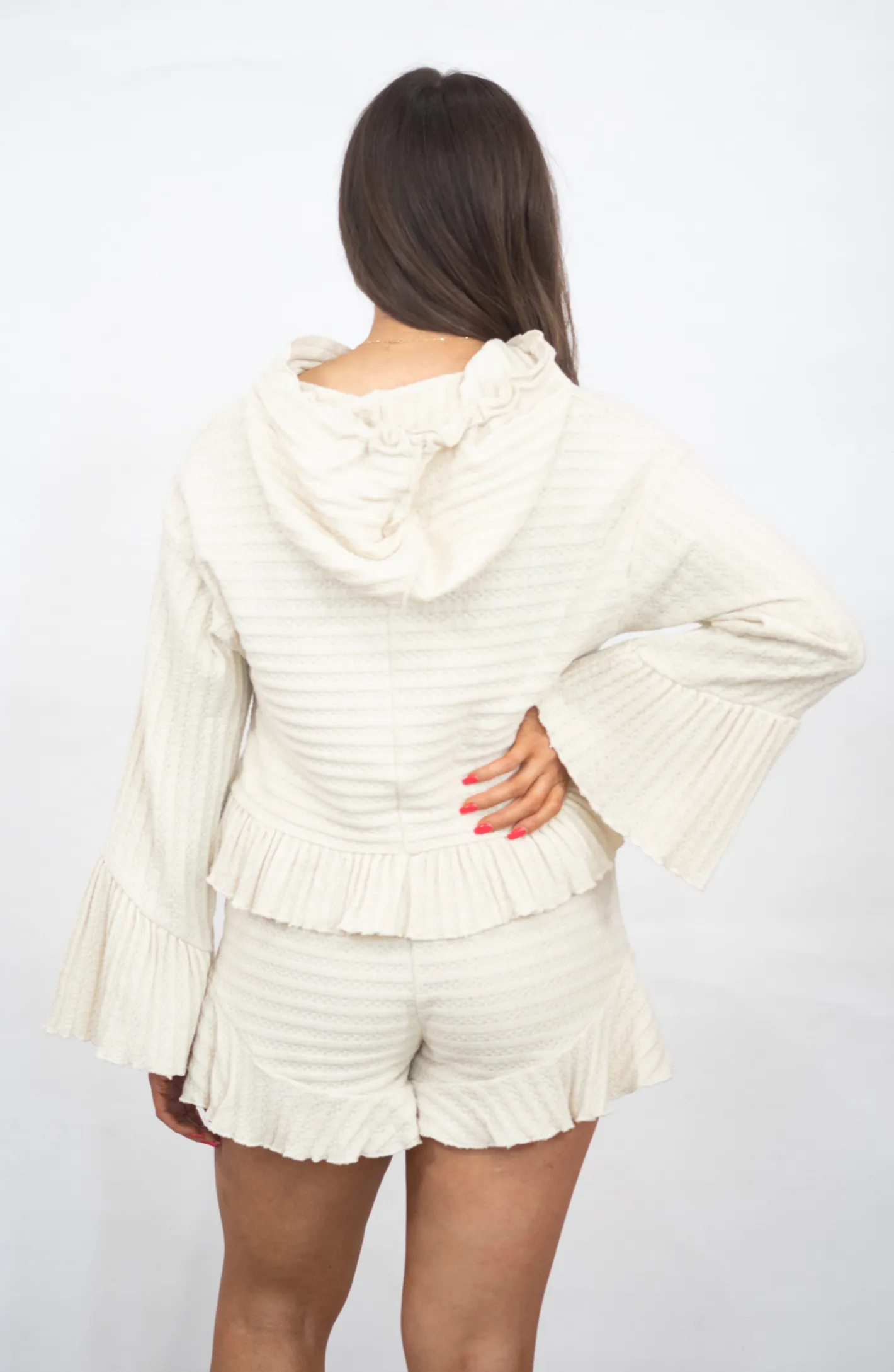 Make It Look Easy Beige Hoodie And Ruffle Short Set