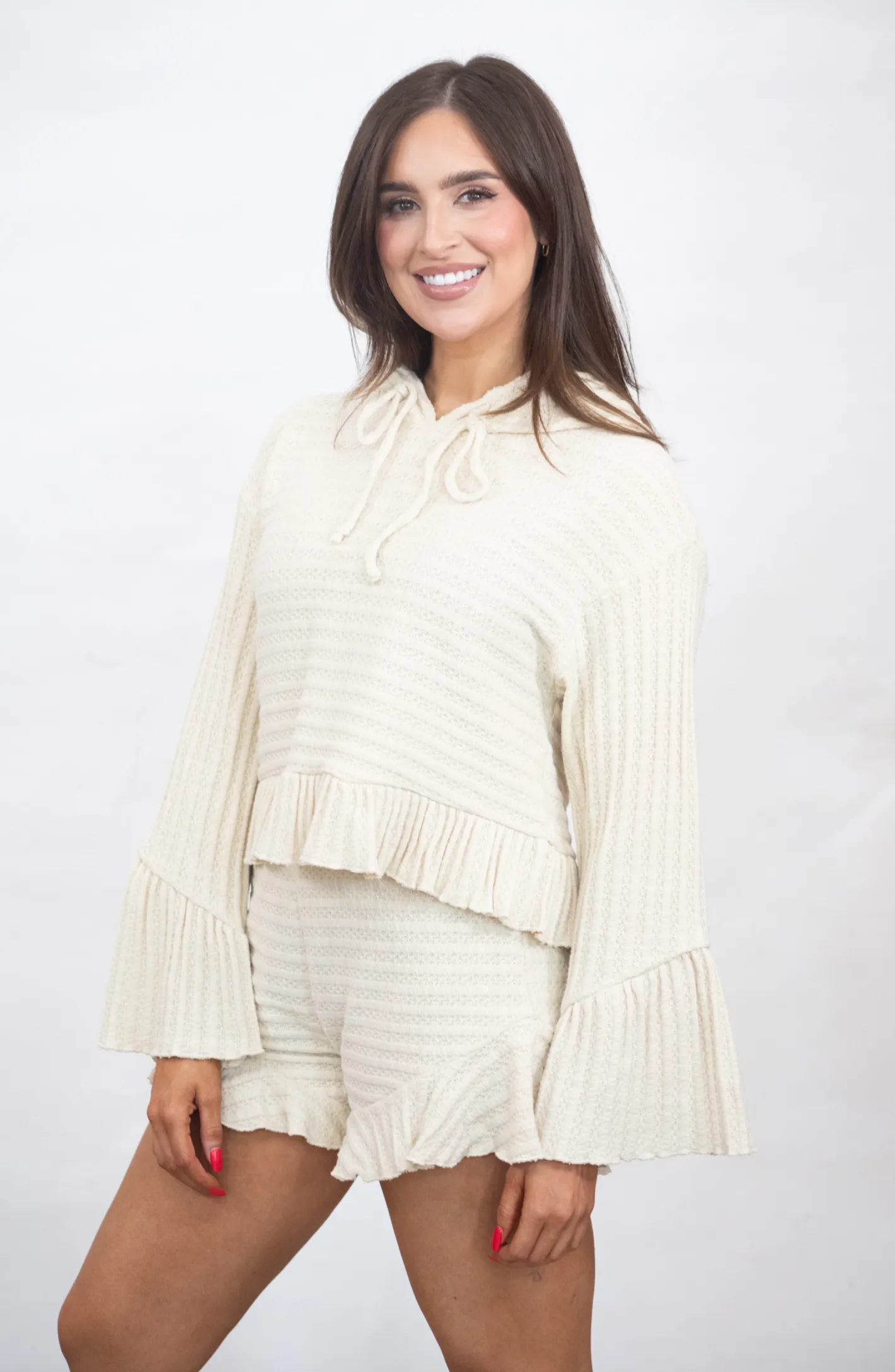 Make It Look Easy Beige Hoodie And Ruffle Short Set