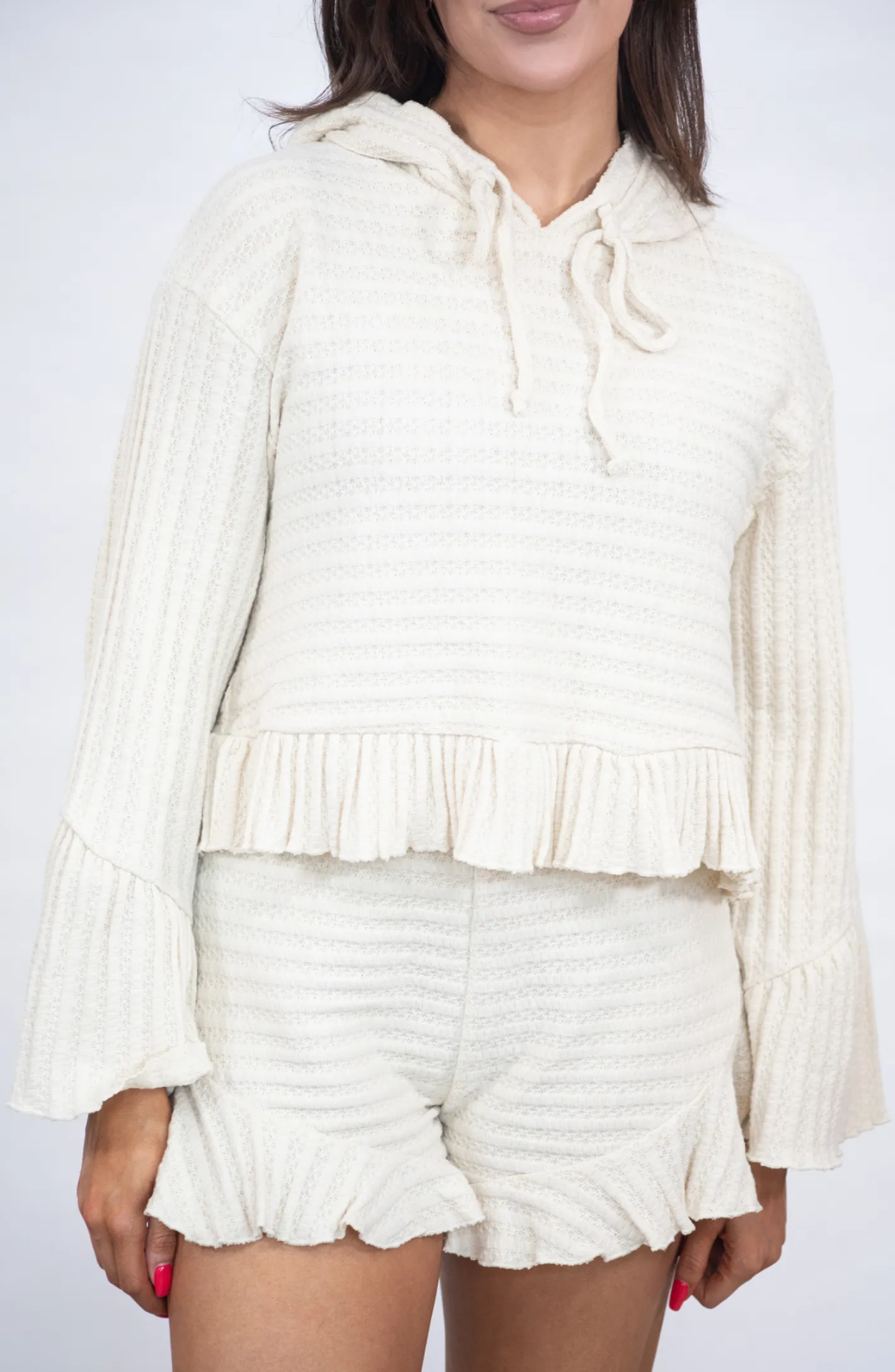 Make It Look Easy Beige Hoodie And Ruffle Short Set