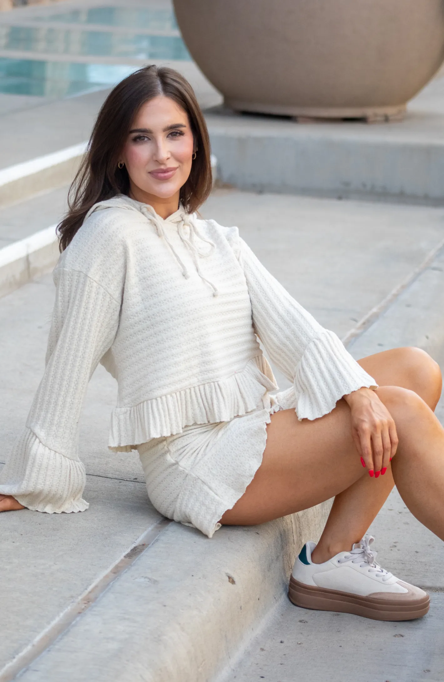 Make It Look Easy Beige Hoodie And Ruffle Short Set