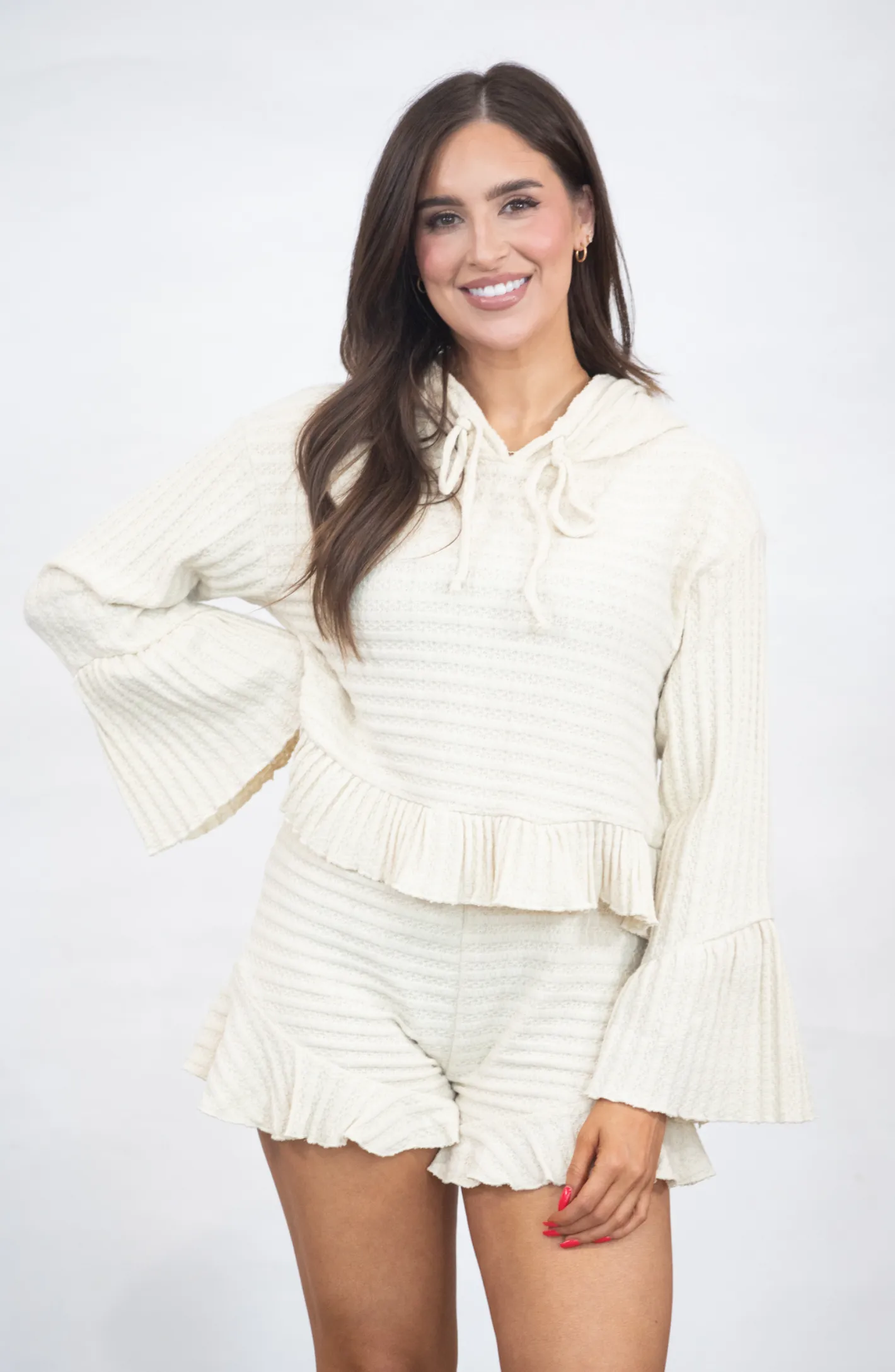 Make It Look Easy Beige Hoodie And Ruffle Short Set