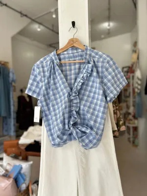 Medium - Cori Short Sleeve Ruffle Front Shirt by KMJ