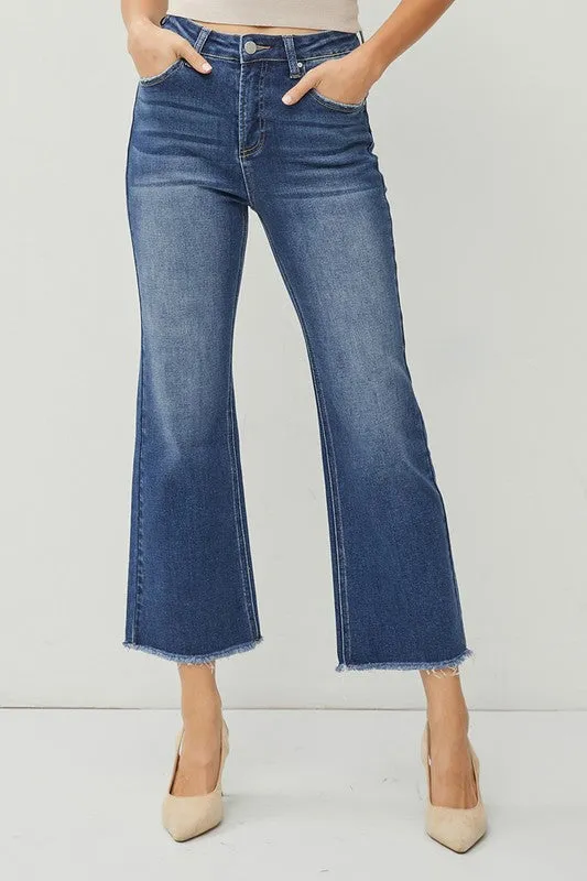 Medium Dark Wash High Rise Crop Straight Jeans - Risen Jeans