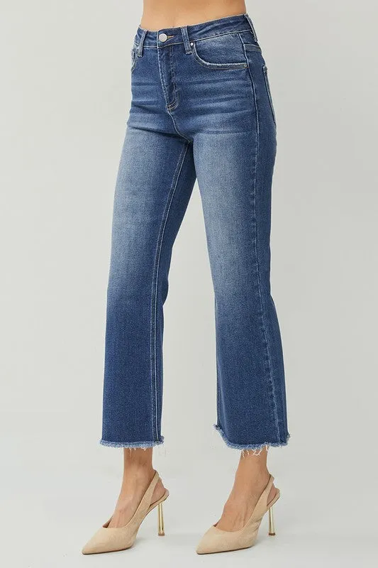 Medium Dark Wash High Rise Crop Straight Jeans - Risen Jeans
