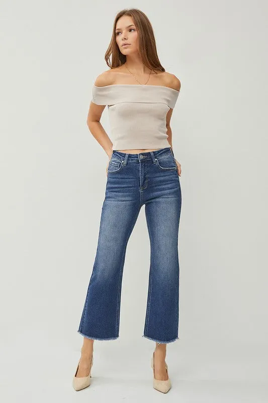 Medium Dark Wash High Rise Crop Straight Jeans - Risen Jeans