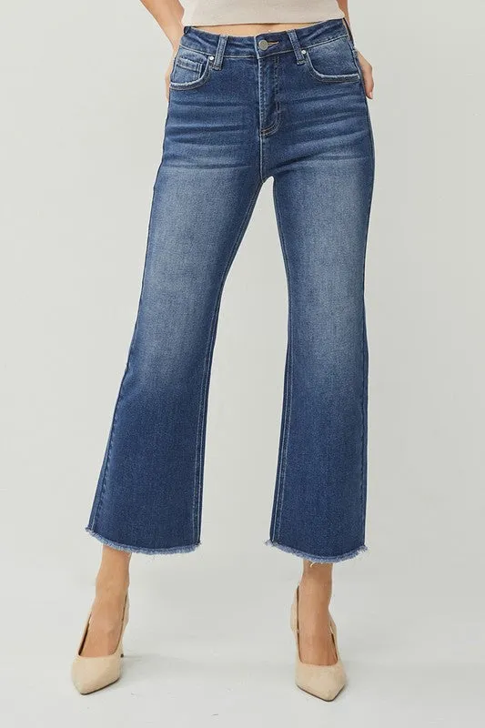 Medium Dark Wash High Rise Crop Straight Jeans - Risen Jeans