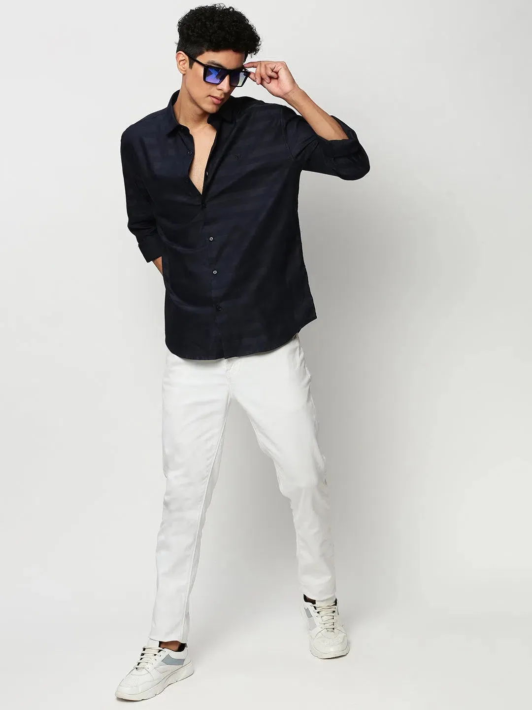 Men Navy Striped Casual Casual Shirts-GLANZAPLAIN-5321-Navyblue