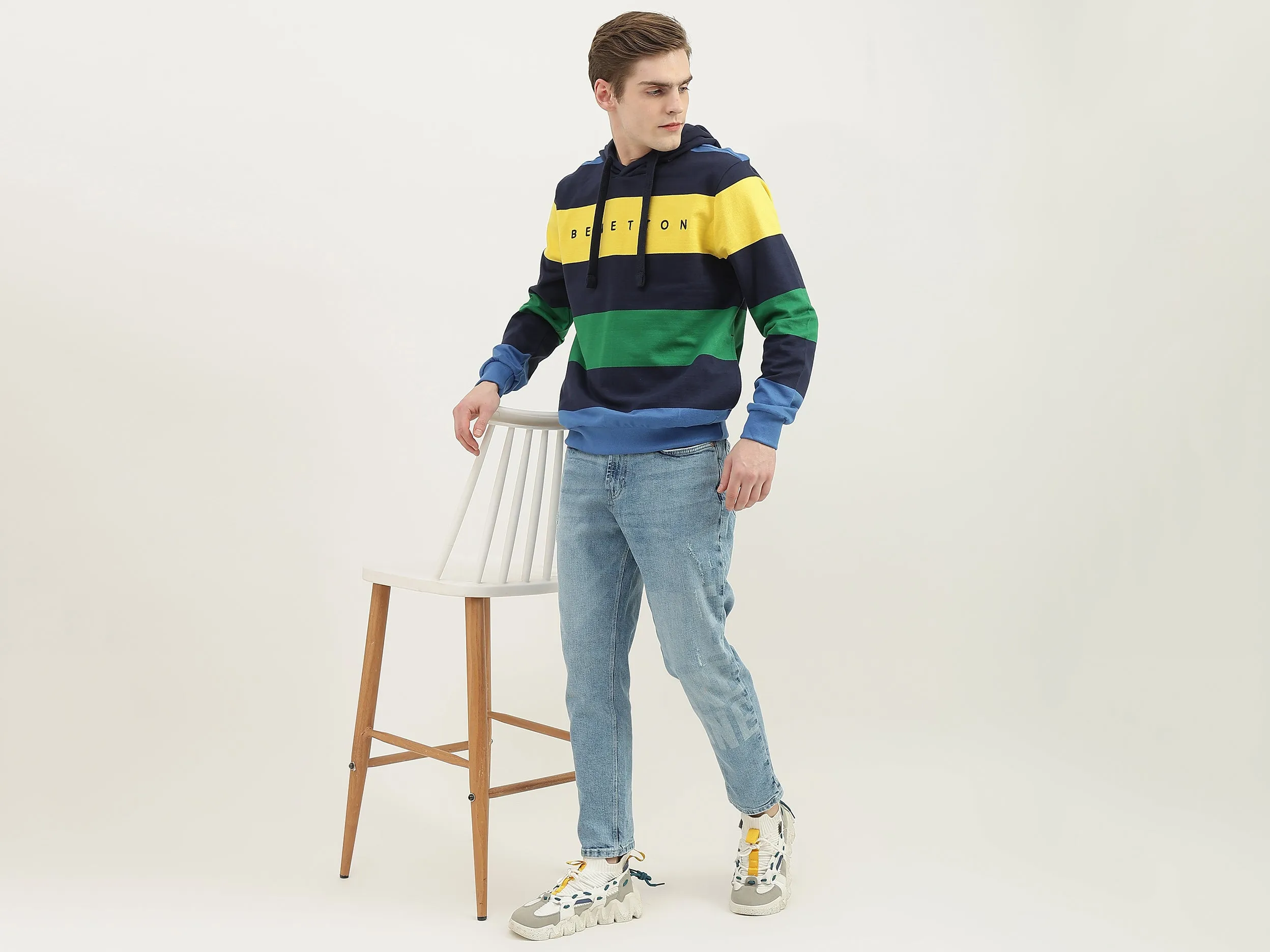 Men Striped Hood Sweatshirt