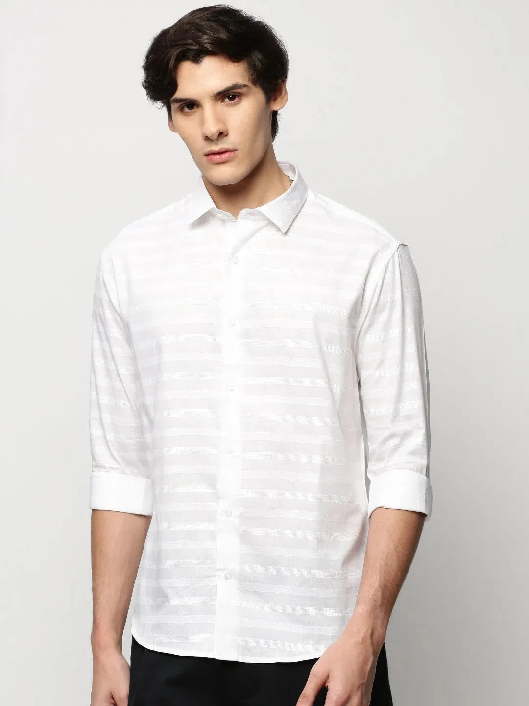 Men White Striped Casual Casual Shirts-TAROSTRIPE-607-White