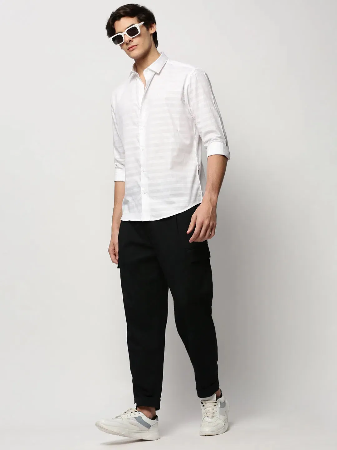 Men White Striped Casual Casual Shirts-TAROSTRIPE-607-White