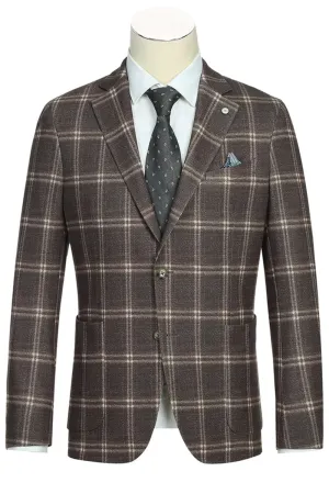 Mens Slim Fit Half Canvas Patch Pocket Summer Cotton Blazer In Brown Windowpane Plaid