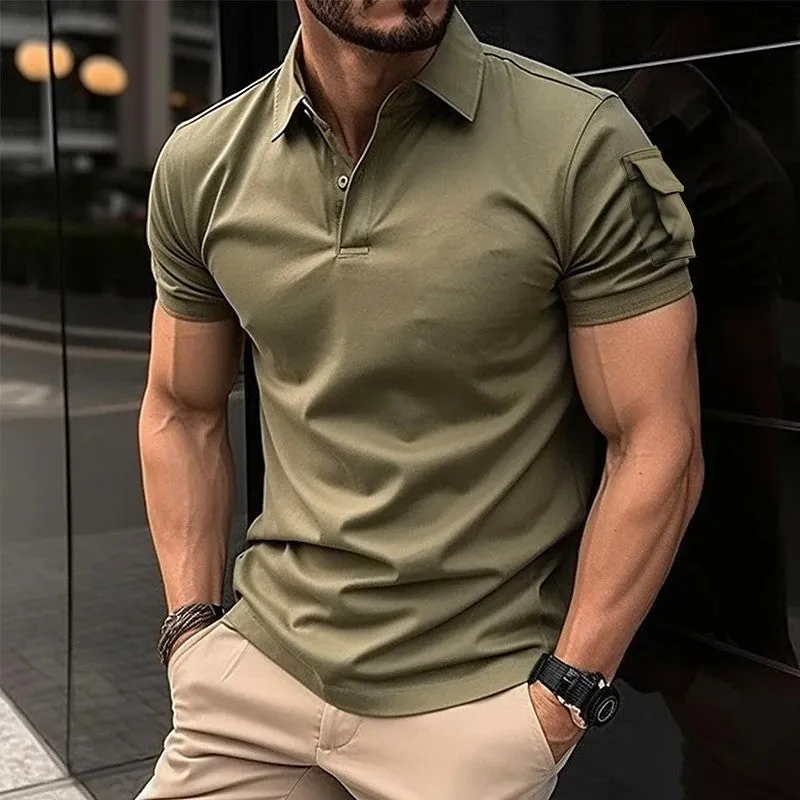 Men's Solid Color Short Sleeve Polo Shirt with Arm Pocket