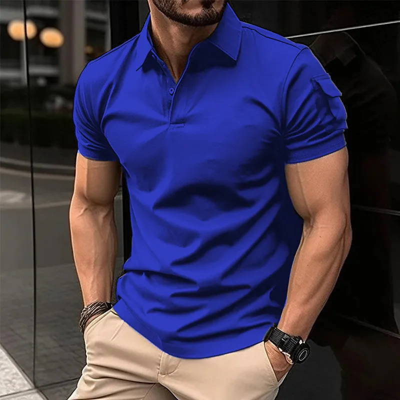Men's Solid Color Short Sleeve Polo Shirt with Arm Pocket