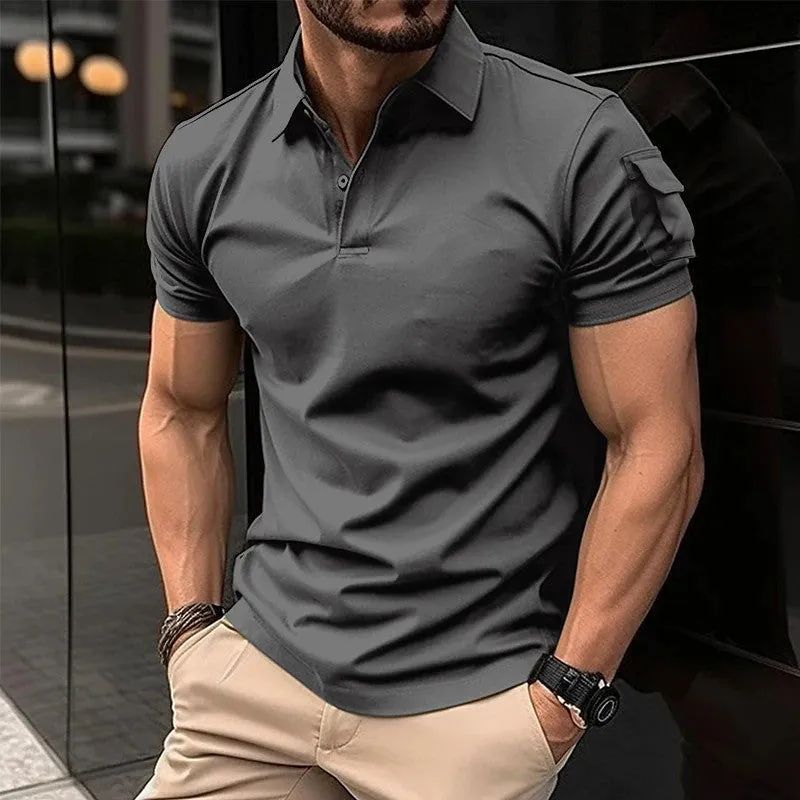 Men's Solid Color Short Sleeve Polo Shirt with Arm Pocket