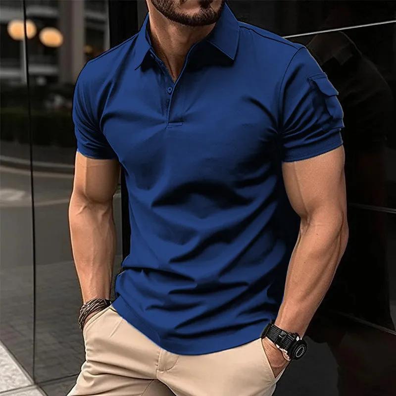 Men's Solid Color Short Sleeve Polo Shirt with Arm Pocket