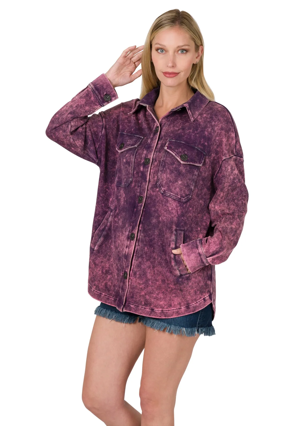 Mineral Washed Shacket in Hot Pink