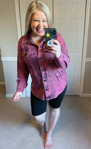 Mineral Washed Shacket in Hot Pink