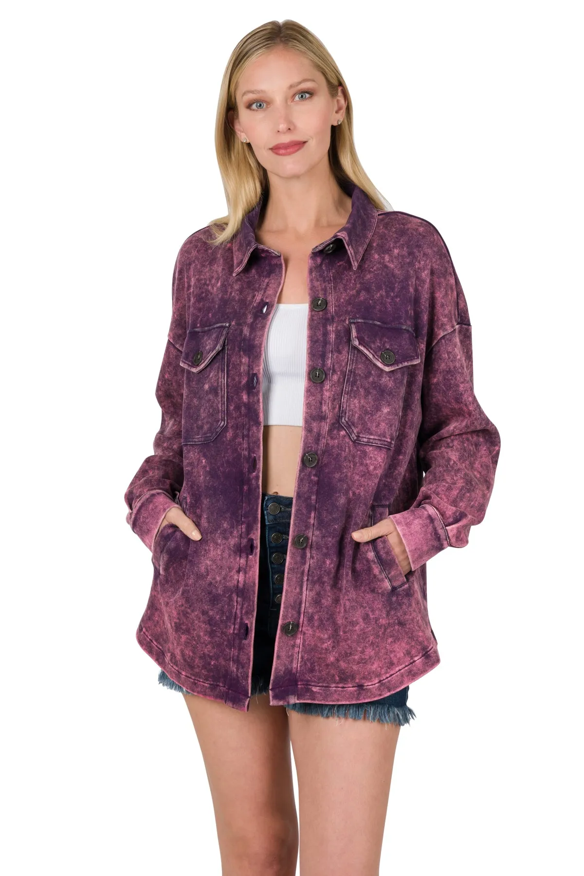 Mineral Washed Shacket in Hot Pink