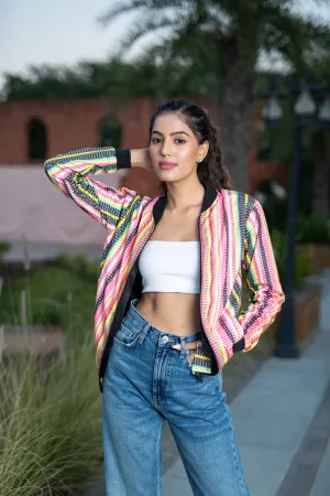 Multicolor Striped Velvet Jacket For Women