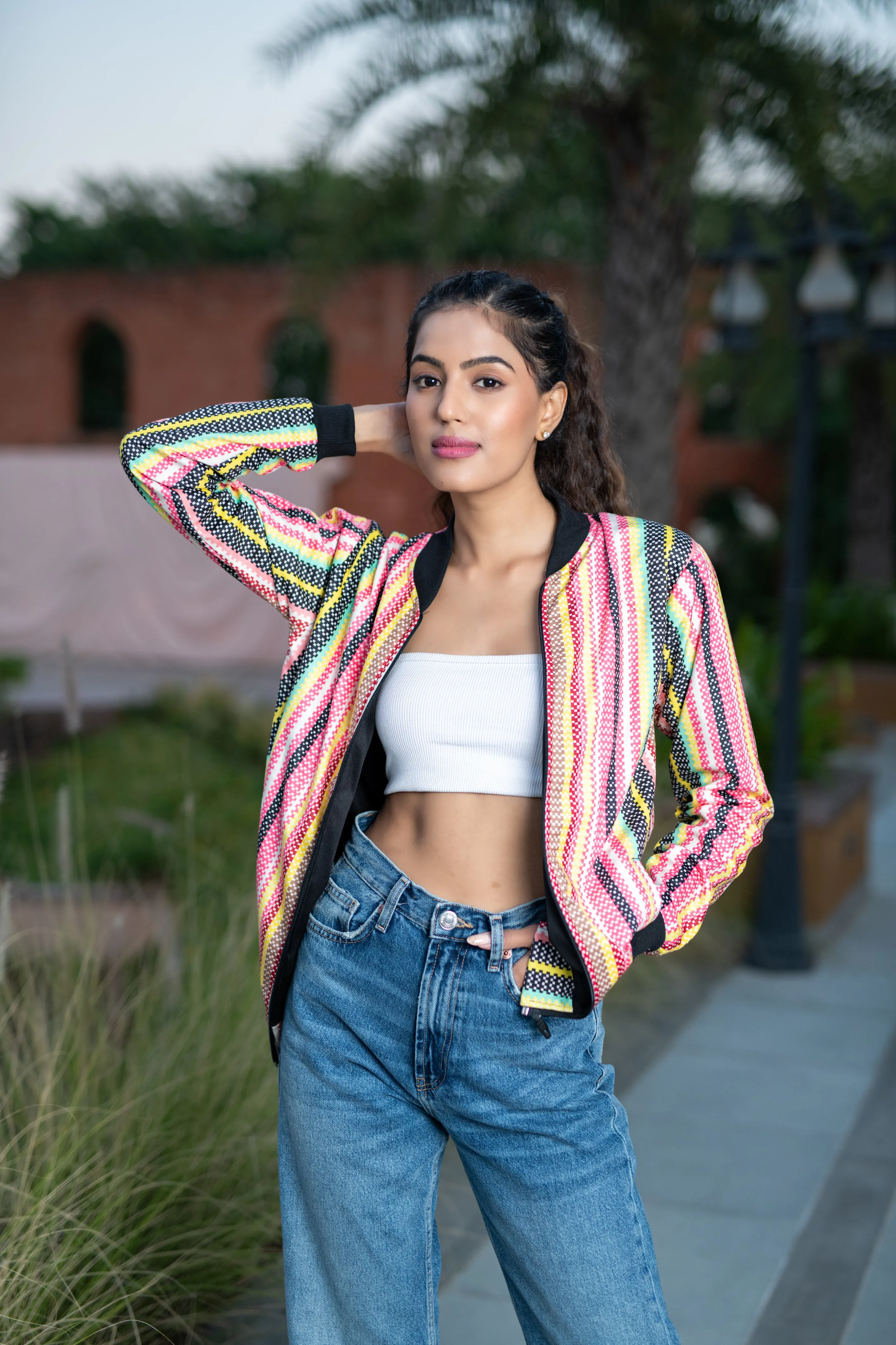 Multicolor Striped Velvet Jacket For Women