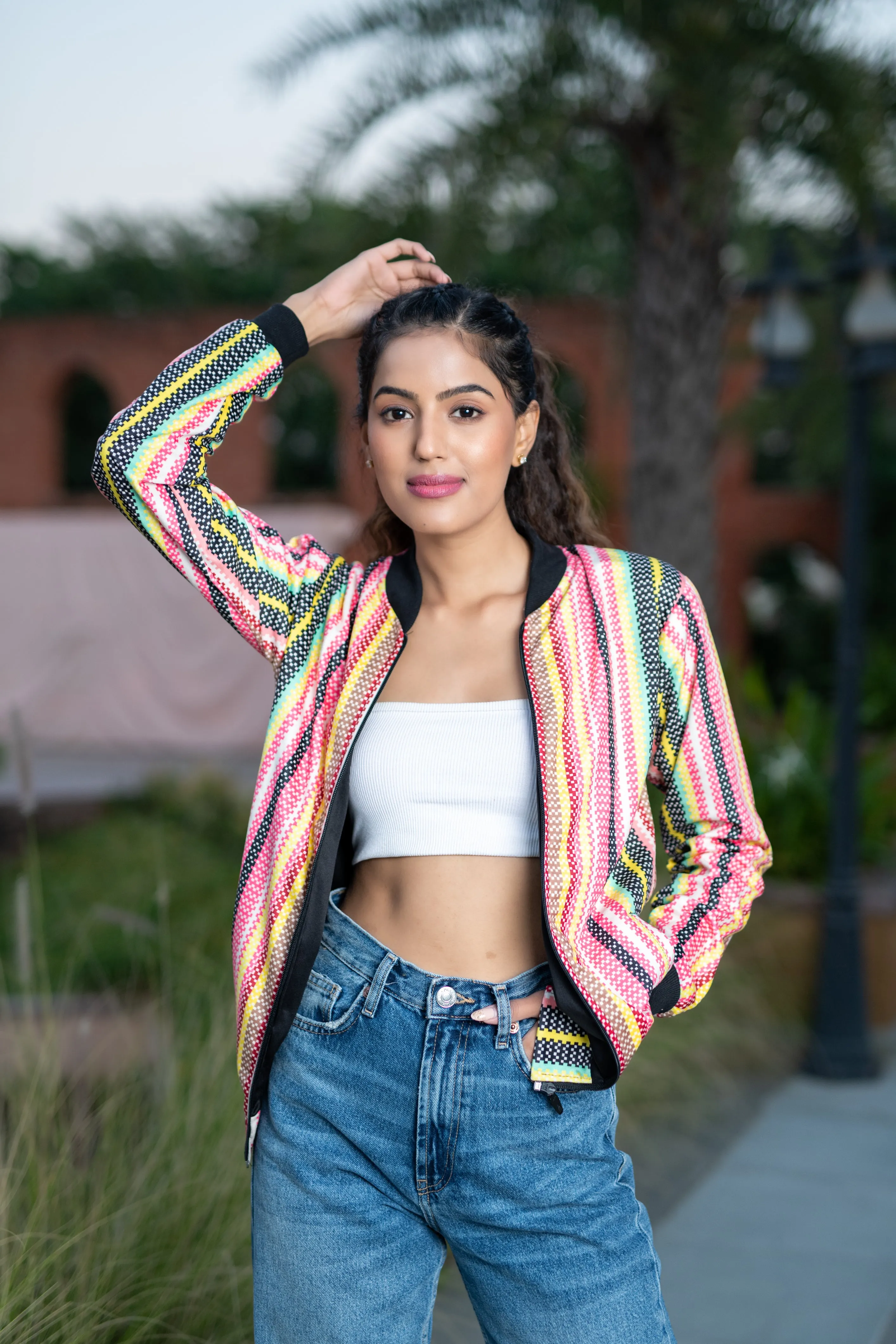 Multicolor Striped Velvet Jacket For Women