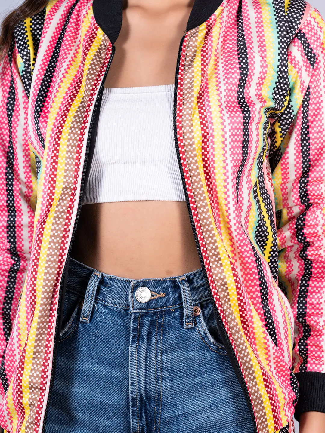 Multicolor Striped Velvet Jacket For Women