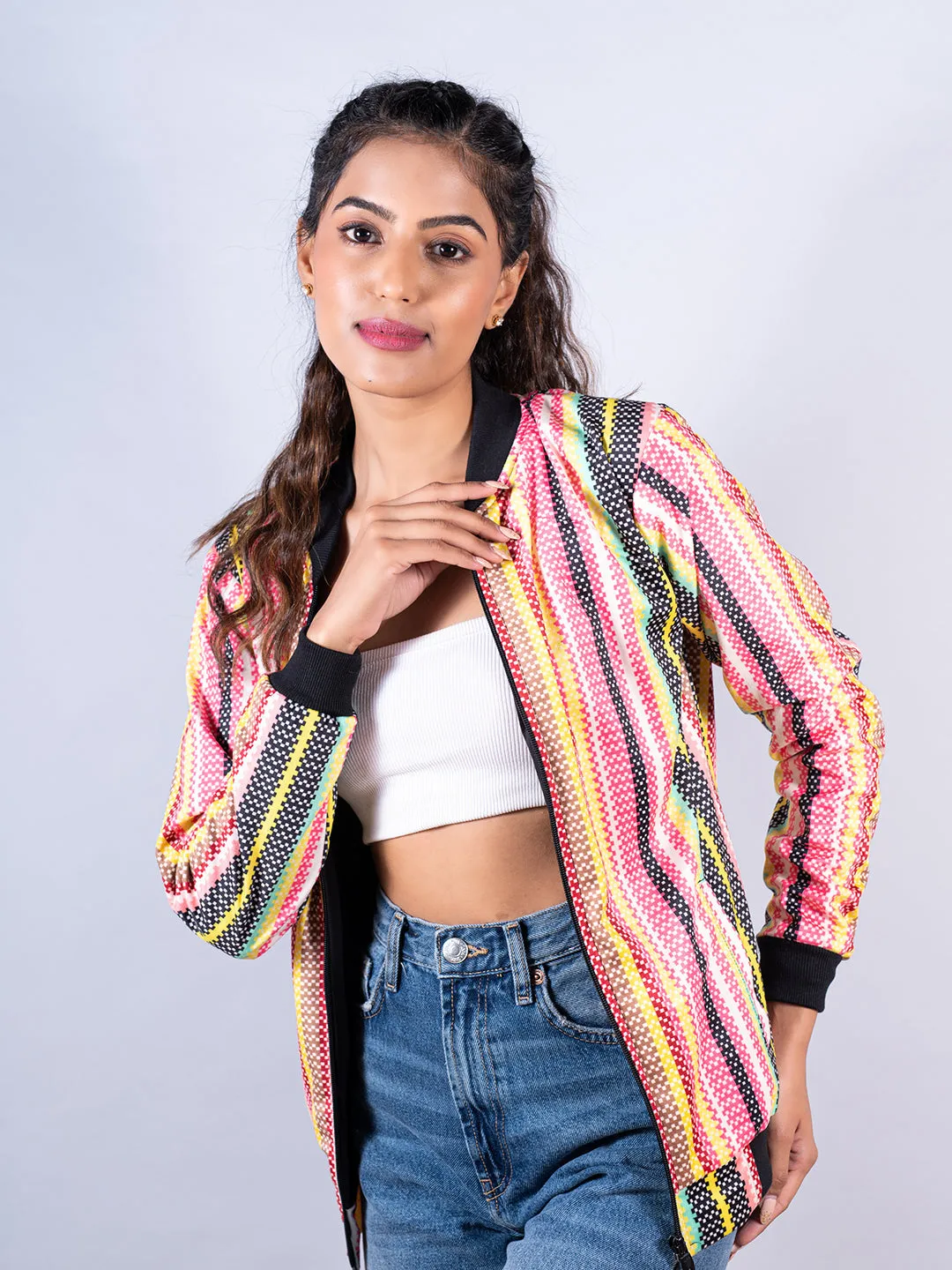 Multicolor Striped Velvet Jacket For Women