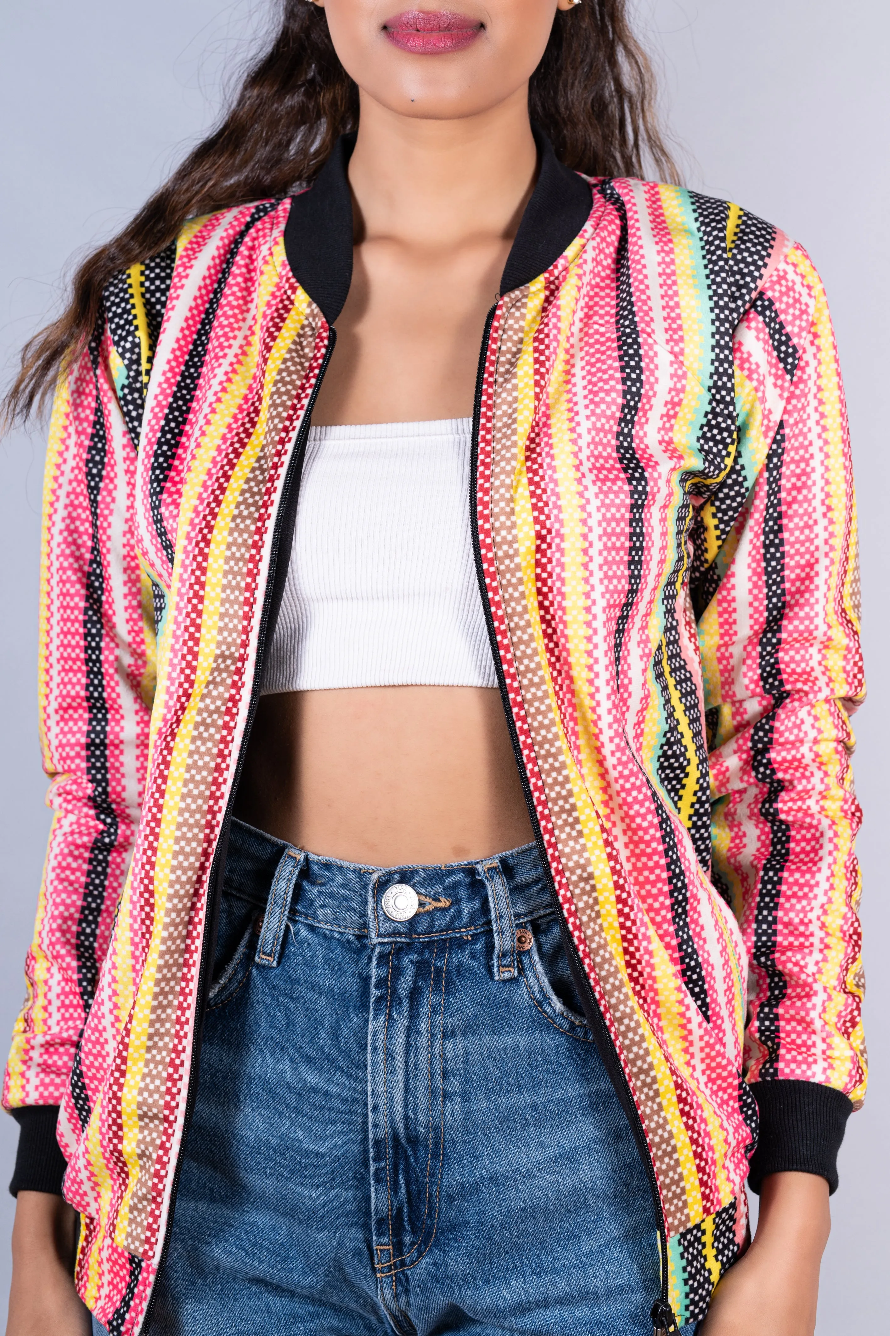 Multicolor Striped Velvet Jacket For Women