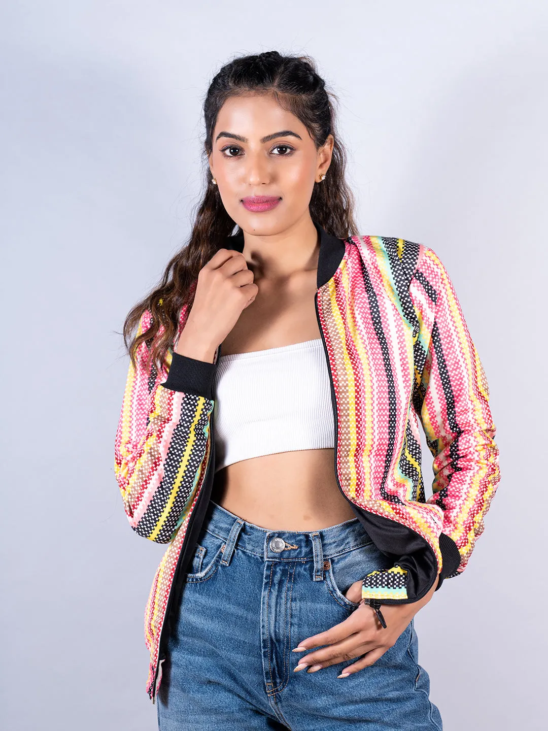 Multicolor Striped Velvet Jacket For Women
