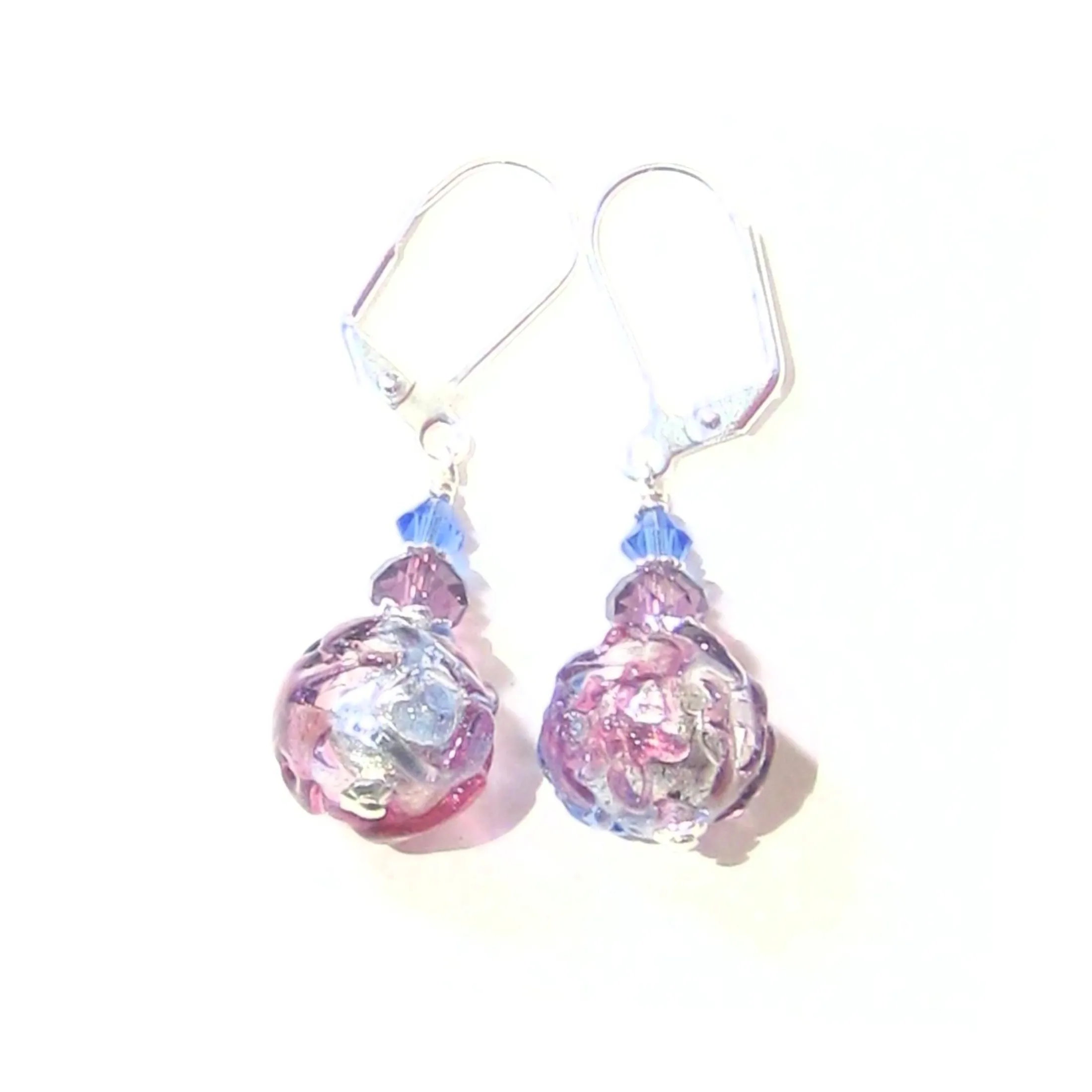 Murano Glass Pink Blue Purple Glacier Ball Sterling Silver Earrings