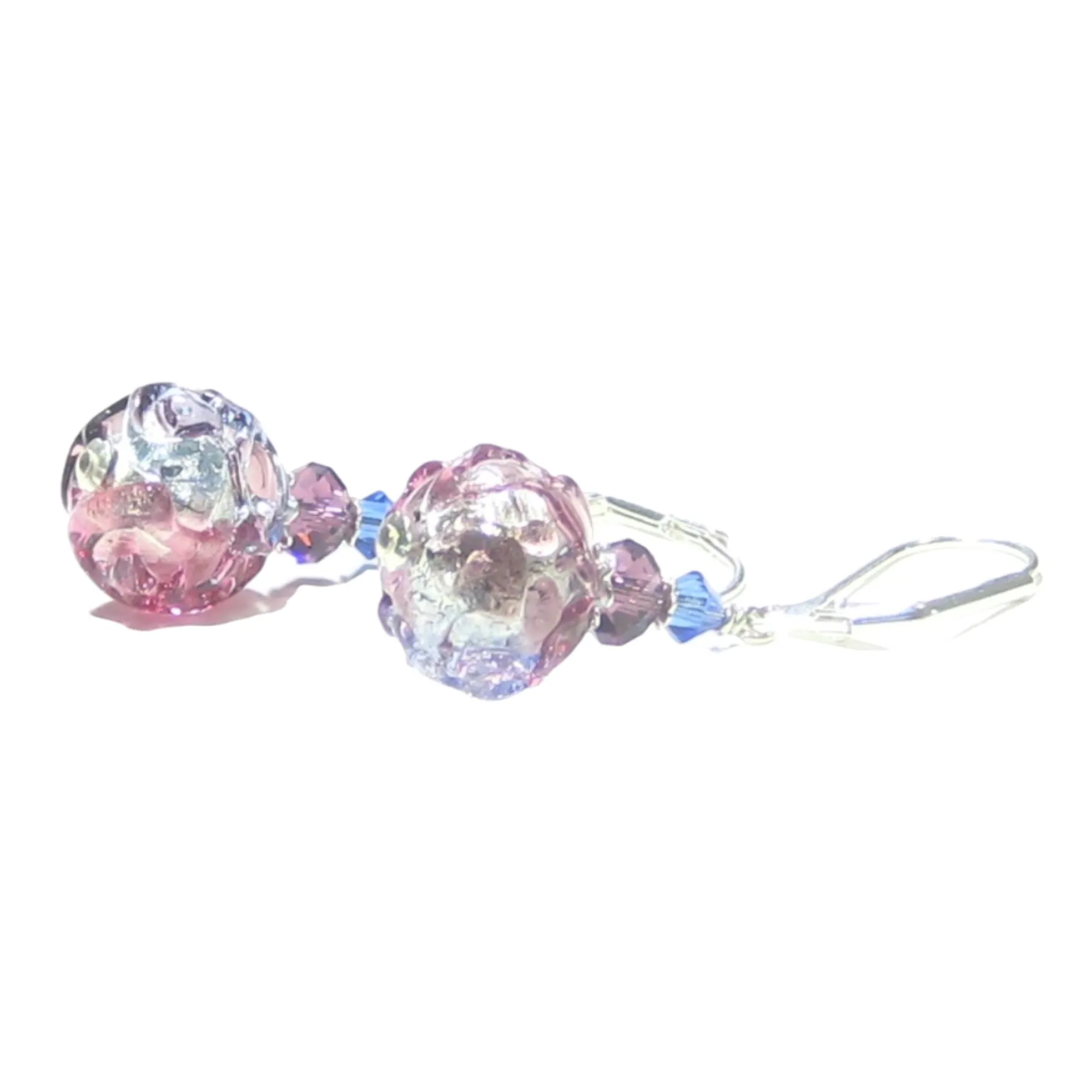 Murano Glass Pink Blue Purple Glacier Ball Sterling Silver Earrings