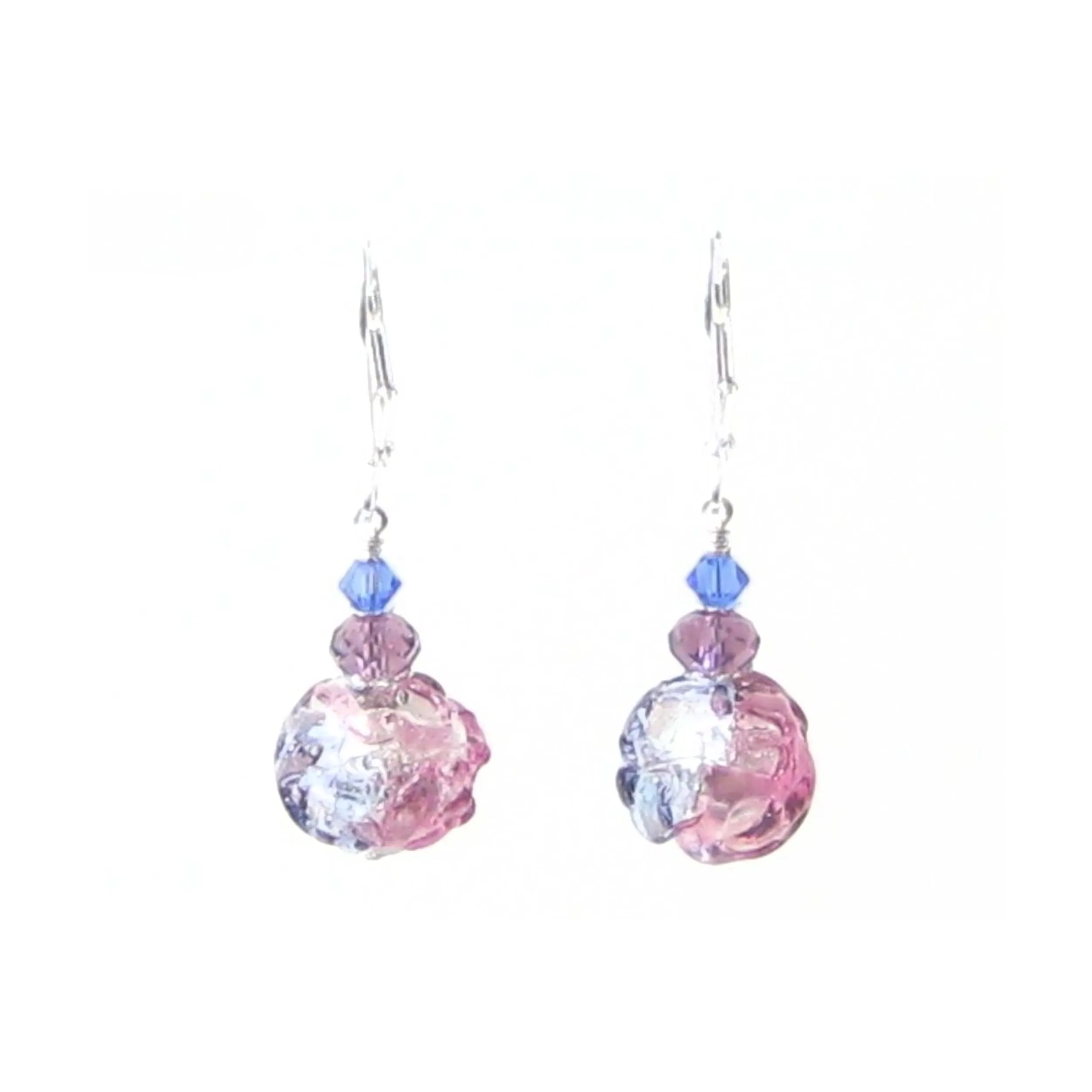 Murano Glass Pink Blue Purple Glacier Ball Sterling Silver Earrings