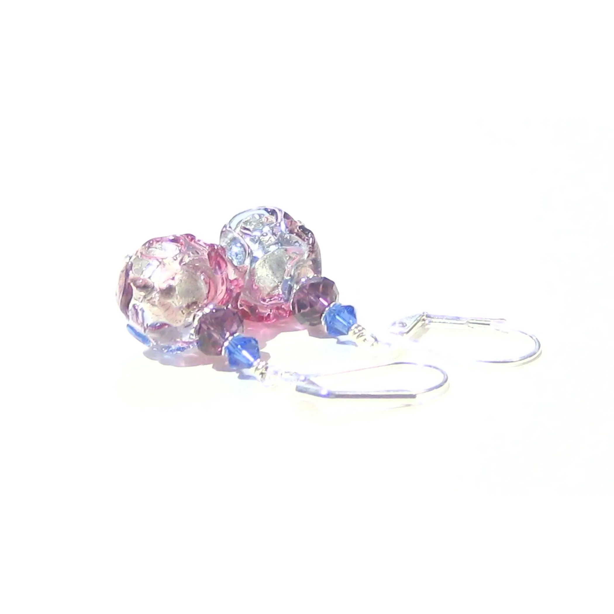 Murano Glass Pink Blue Purple Glacier Ball Sterling Silver Earrings