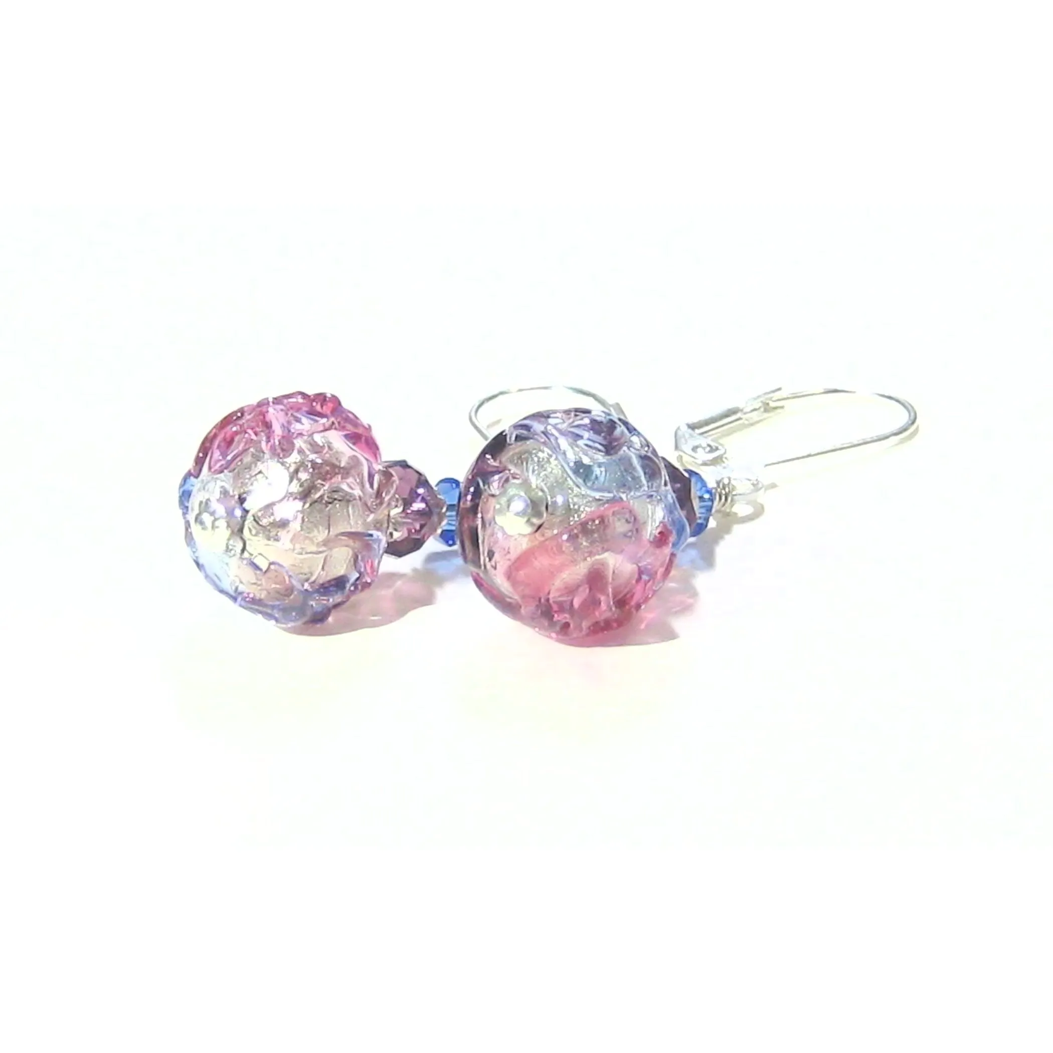 Murano Glass Pink Blue Purple Glacier Ball Sterling Silver Earrings