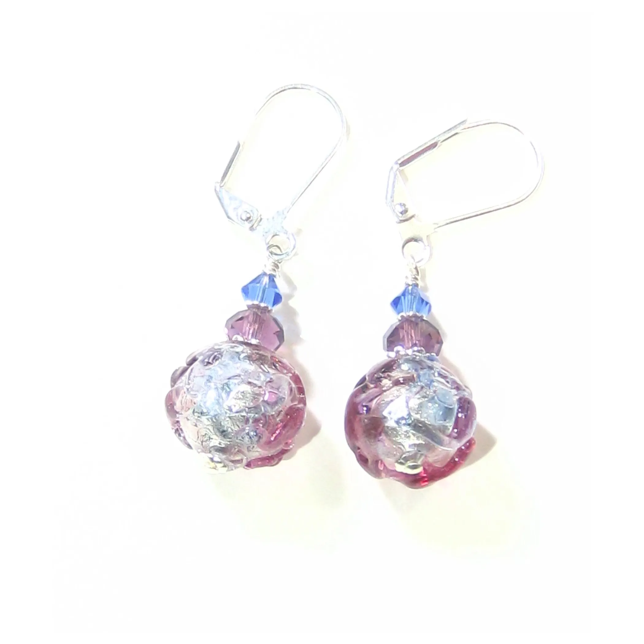 Murano Glass Pink Blue Purple Glacier Ball Sterling Silver Earrings
