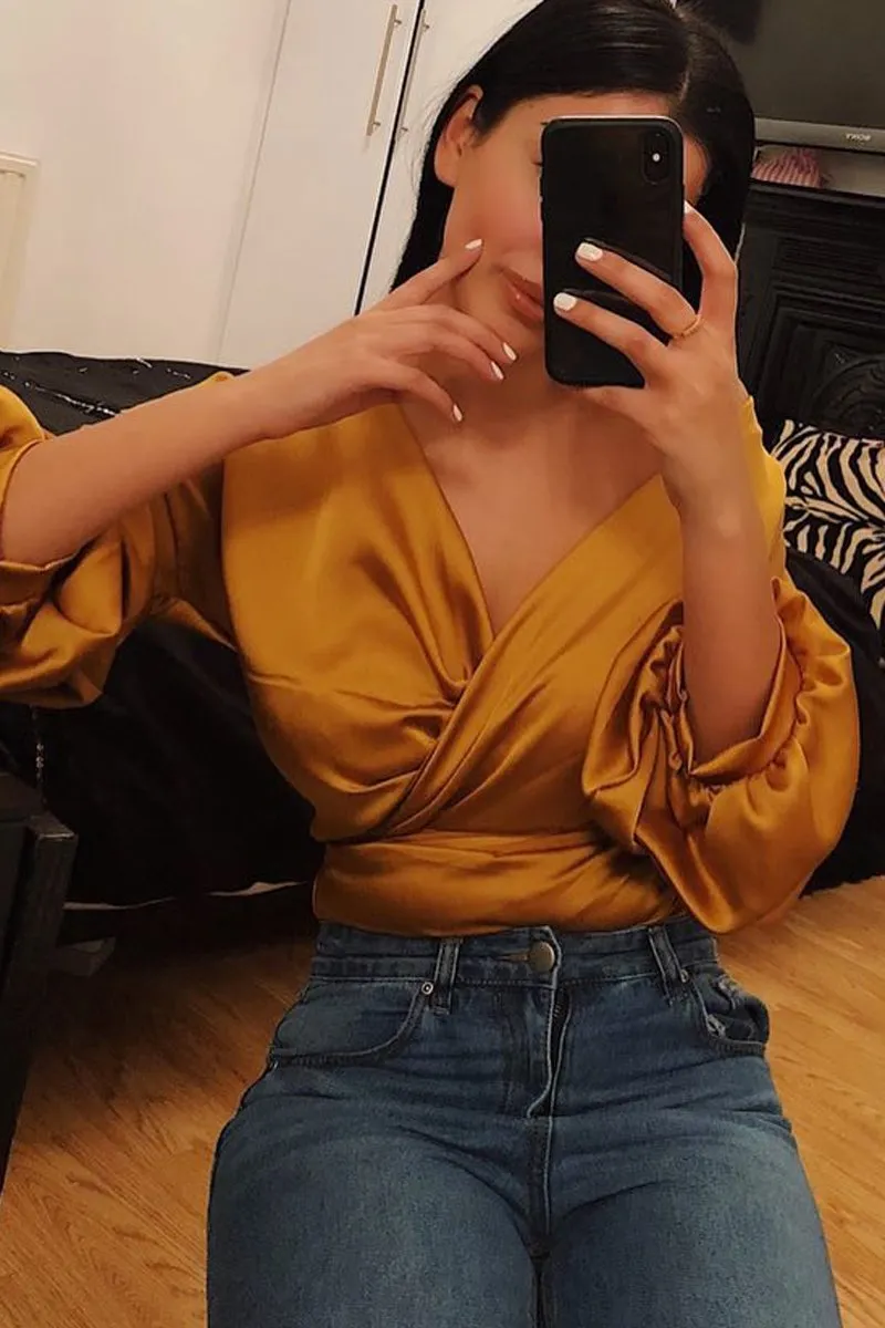 Mustard Satin Ruffle Sleeve Wrapover Top - Susie