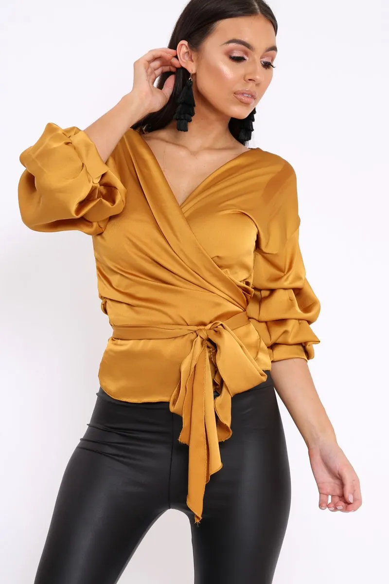 Mustard Satin Ruffle Sleeve Wrapover Top - Susie