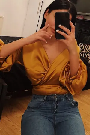 Mustard Satin Ruffle Sleeve Wrapover Top - Susie