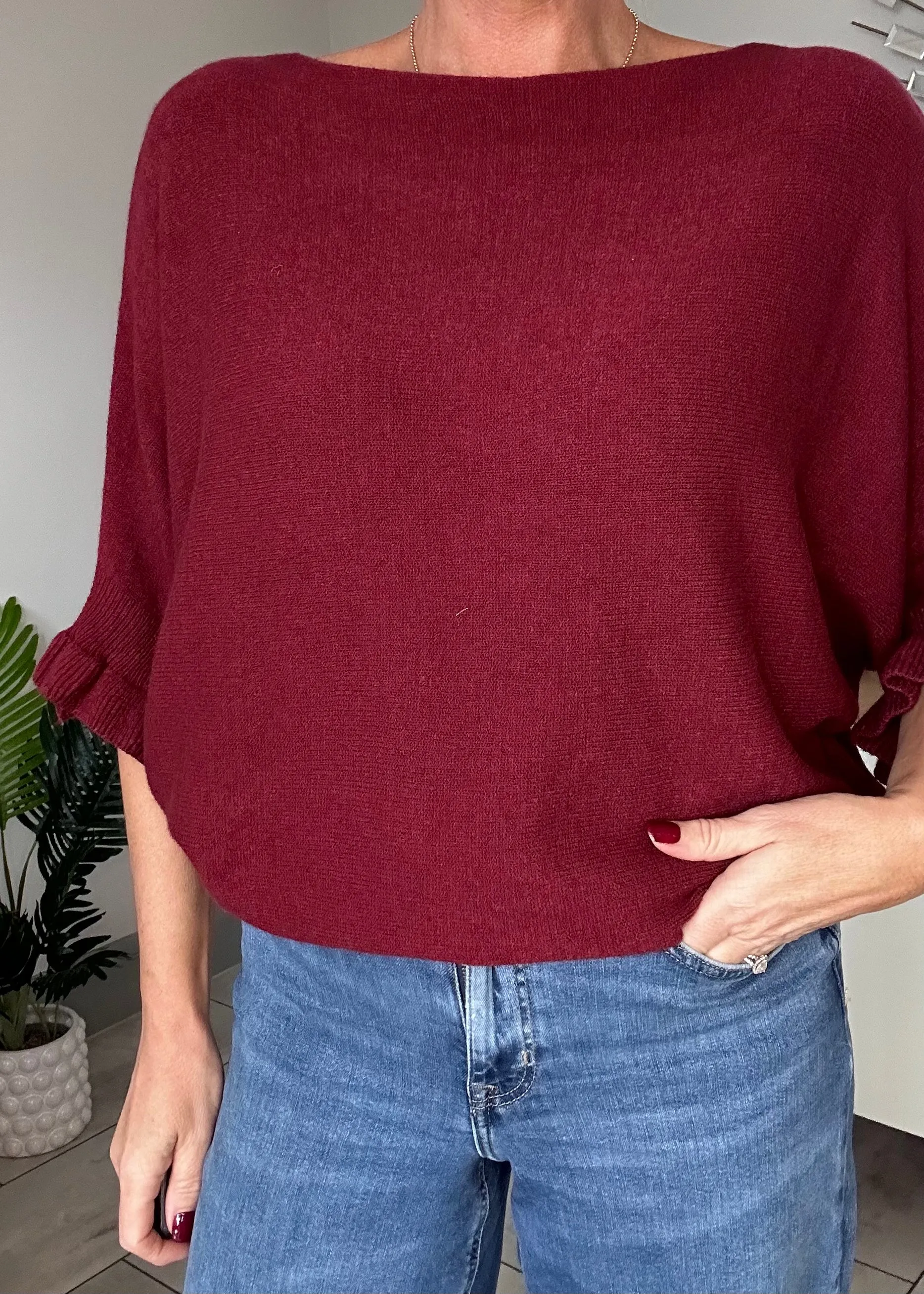 Navy Frill Sleeve Batwing Jumper