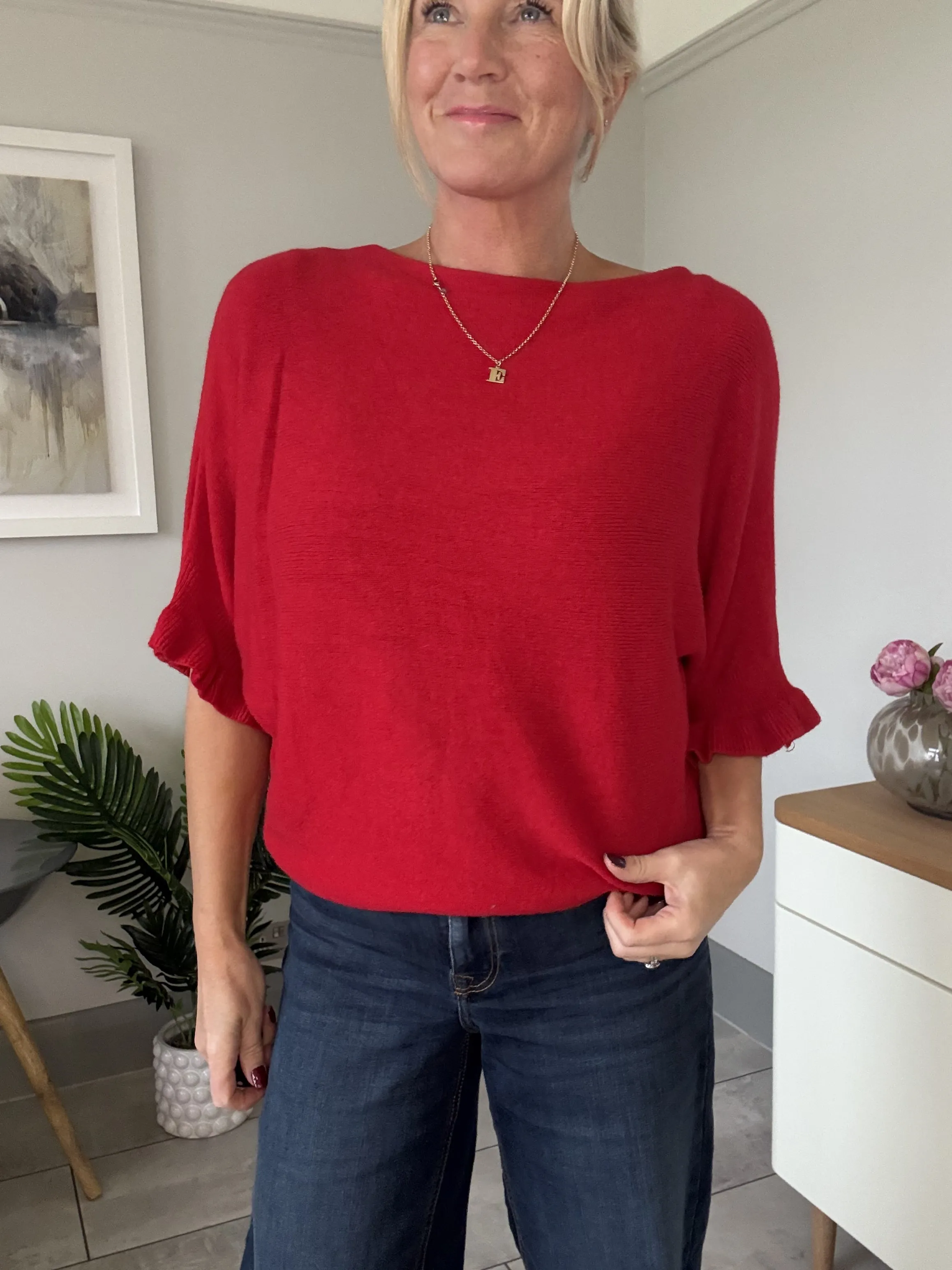 Navy Frill Sleeve Batwing Jumper