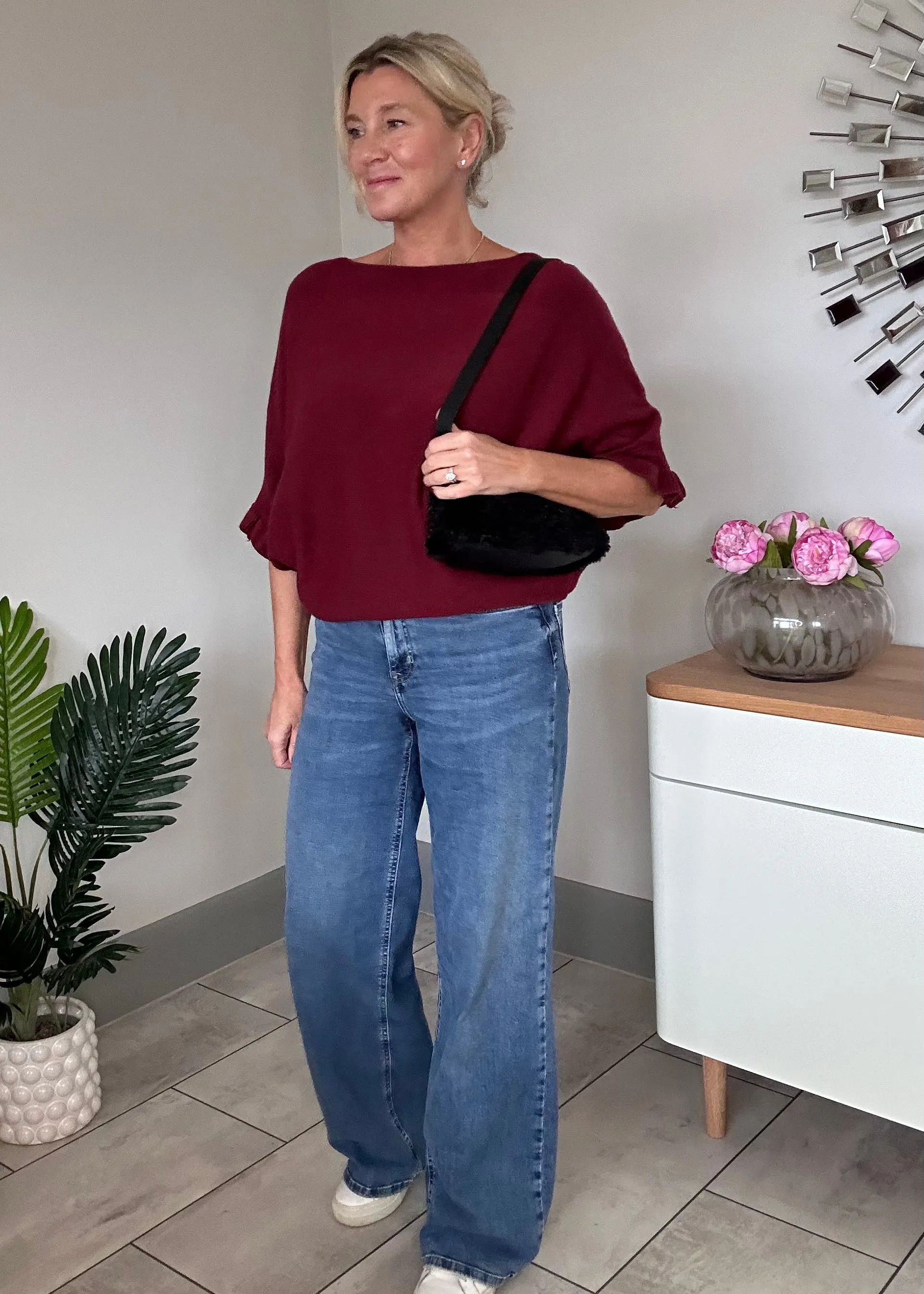 Navy Frill Sleeve Batwing Jumper