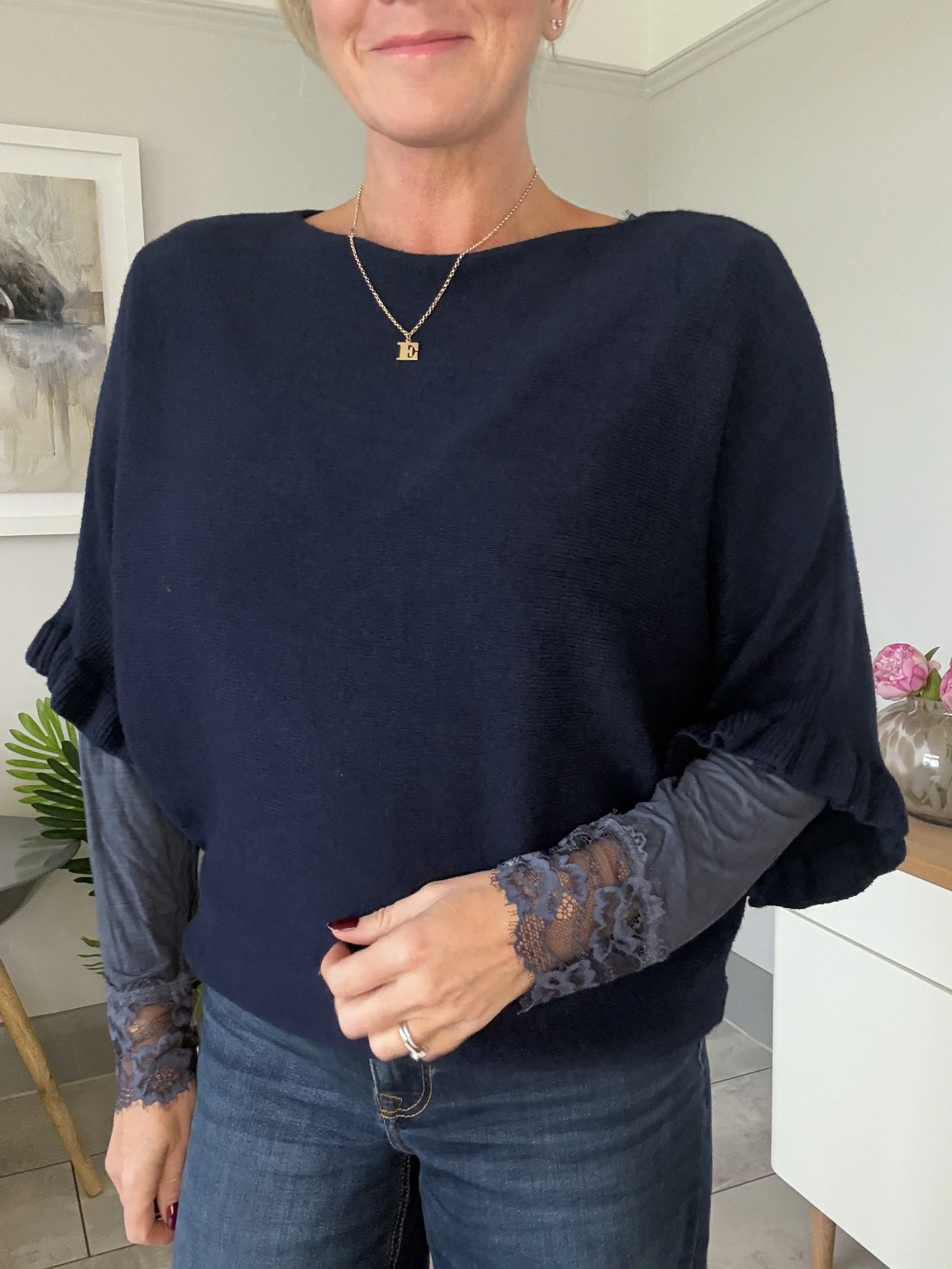 Navy Frill Sleeve Batwing Jumper