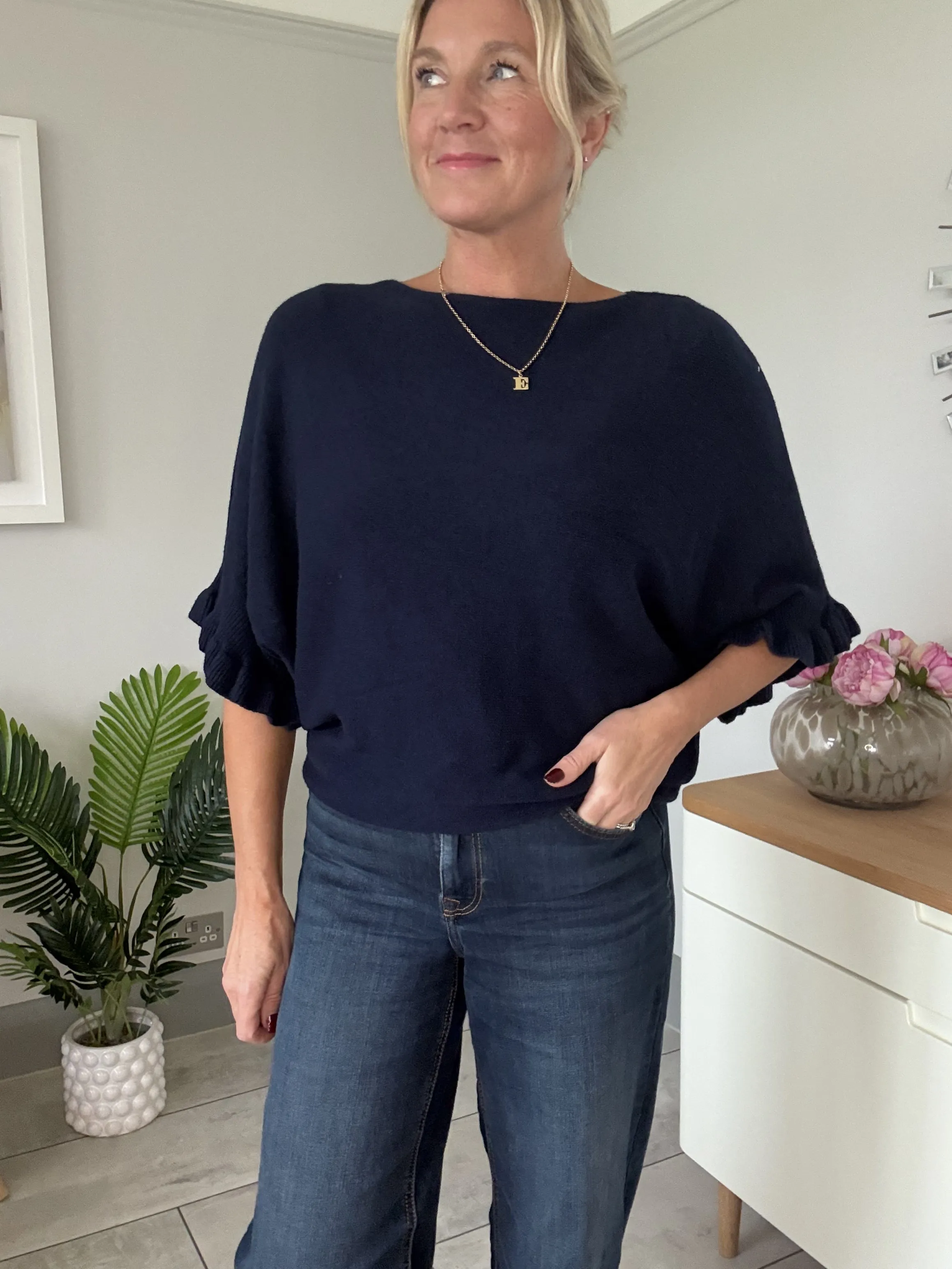 Navy Frill Sleeve Batwing Jumper