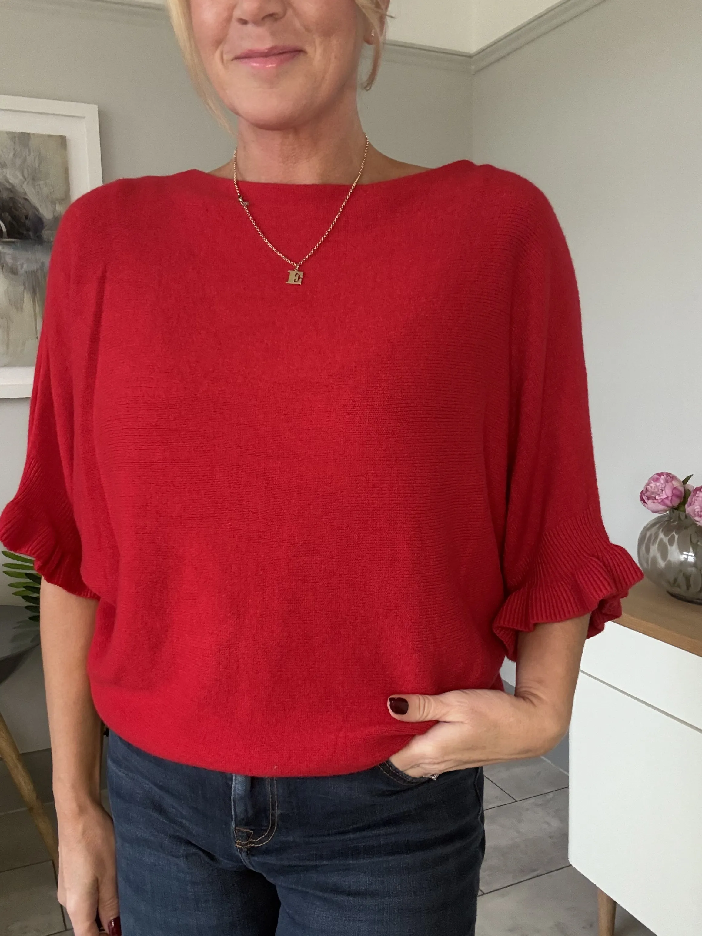 Navy Frill Sleeve Batwing Jumper